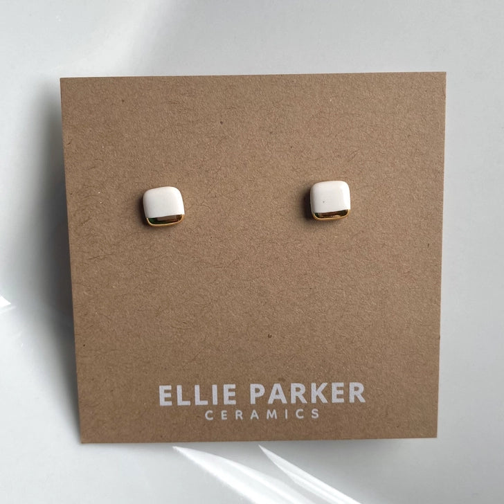 Square Studs, Gold Lustre - White
