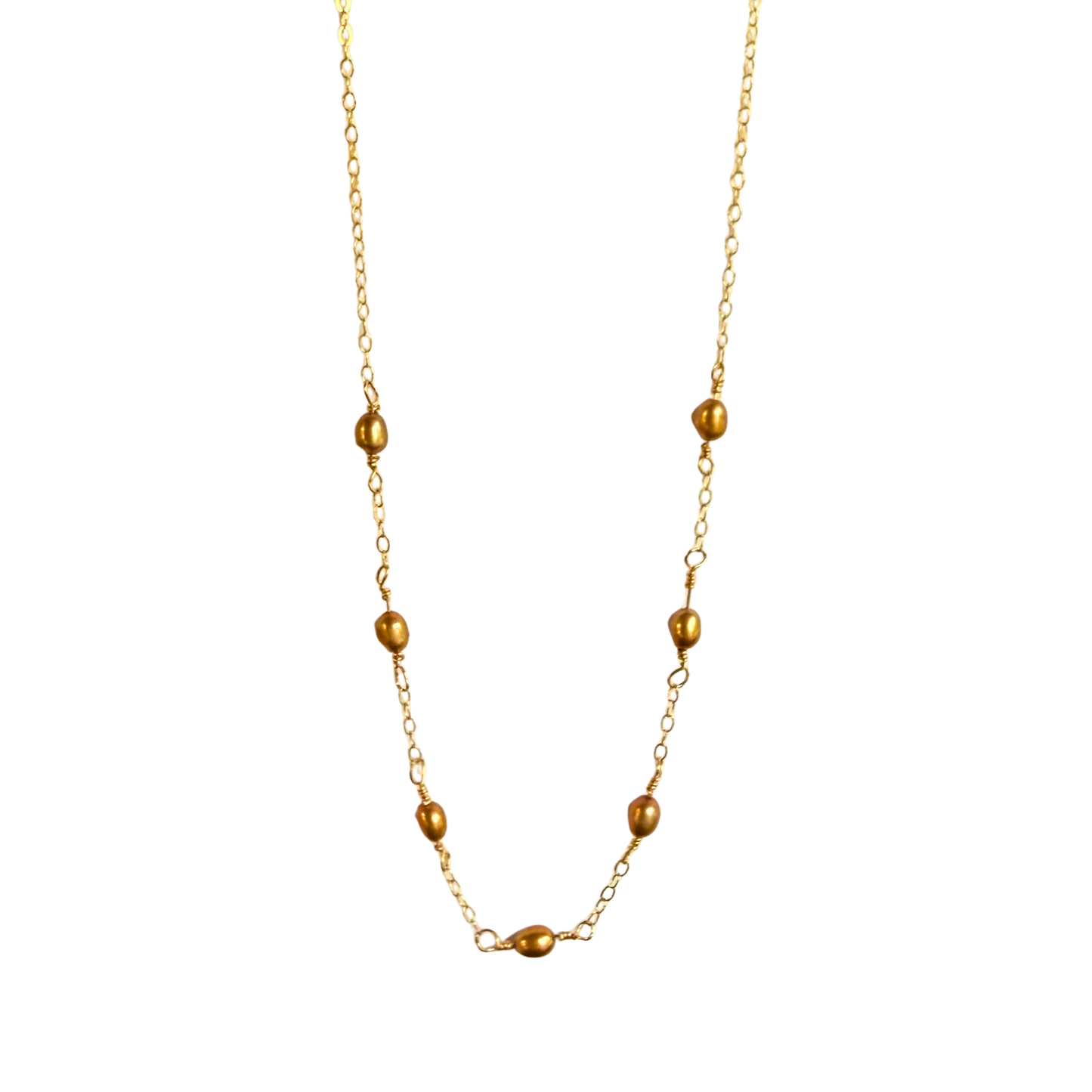 7 Stone Chain Necklace, Cocoa Pearls, Gold