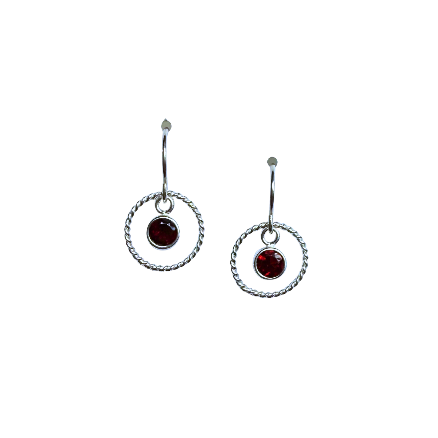 Dainty Halo Earrings, Round Garnet, Silver
