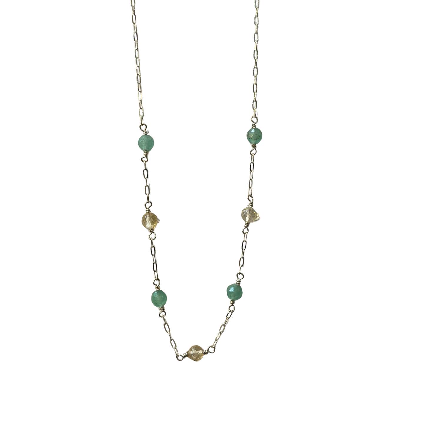 7 Stone Chain Necklace, Green Quartz + Carnelian, Silver