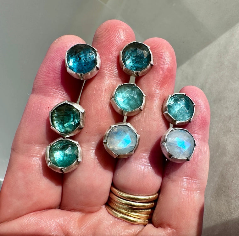 Sterling Fold Studs - Green Kyanite