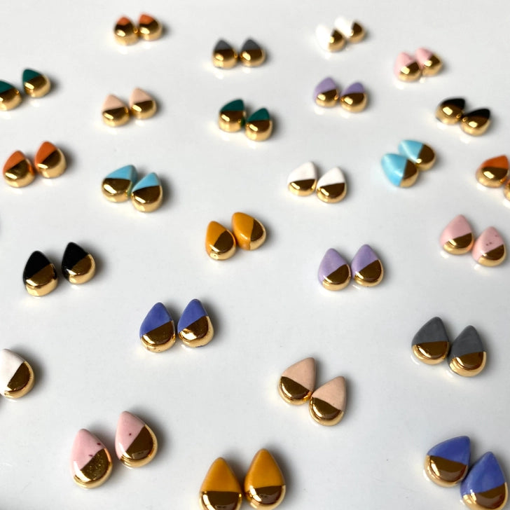 Teardrop Studs, Gold Lustre - White