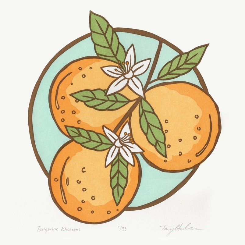 Tangerine Blossoms Block Print, Black Framed