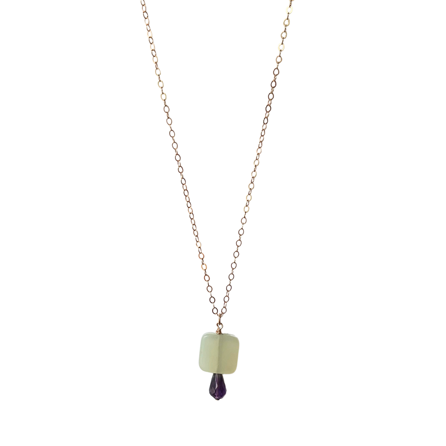 2 Stone Drop Pendant Necklace, Jade + Amethyst, Rose Gold