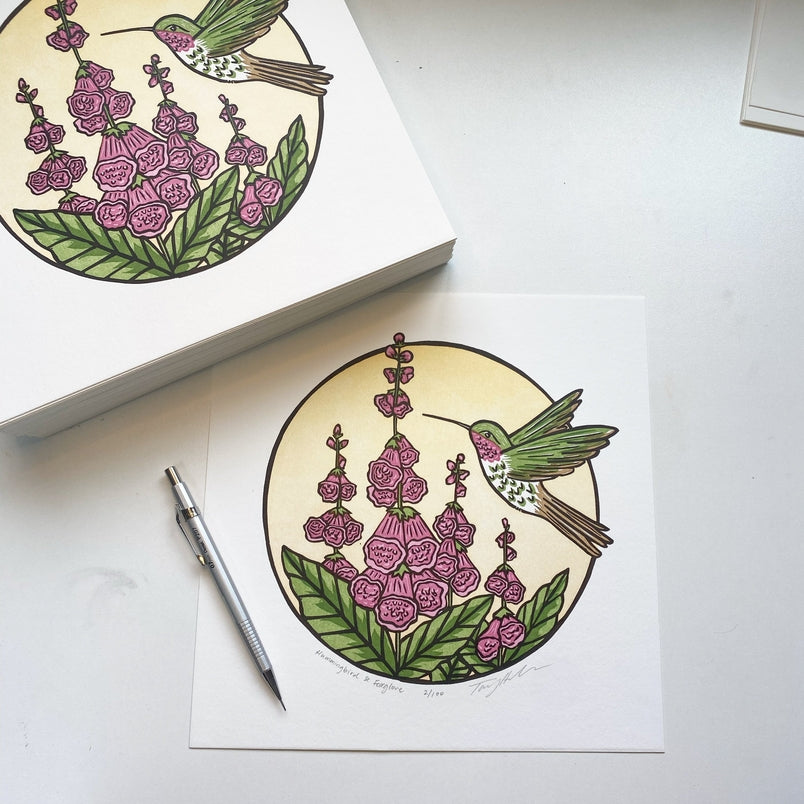 Hummingbird & Foxglove Block Print