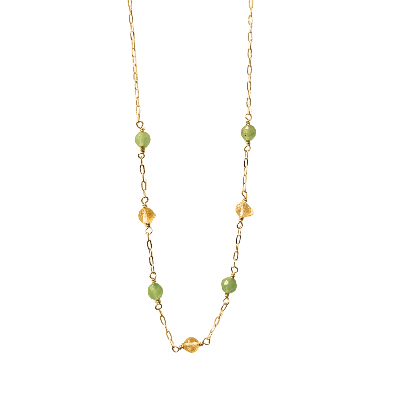 7 Stone Chain Necklace, Green Quartz + Carnelian, Gold