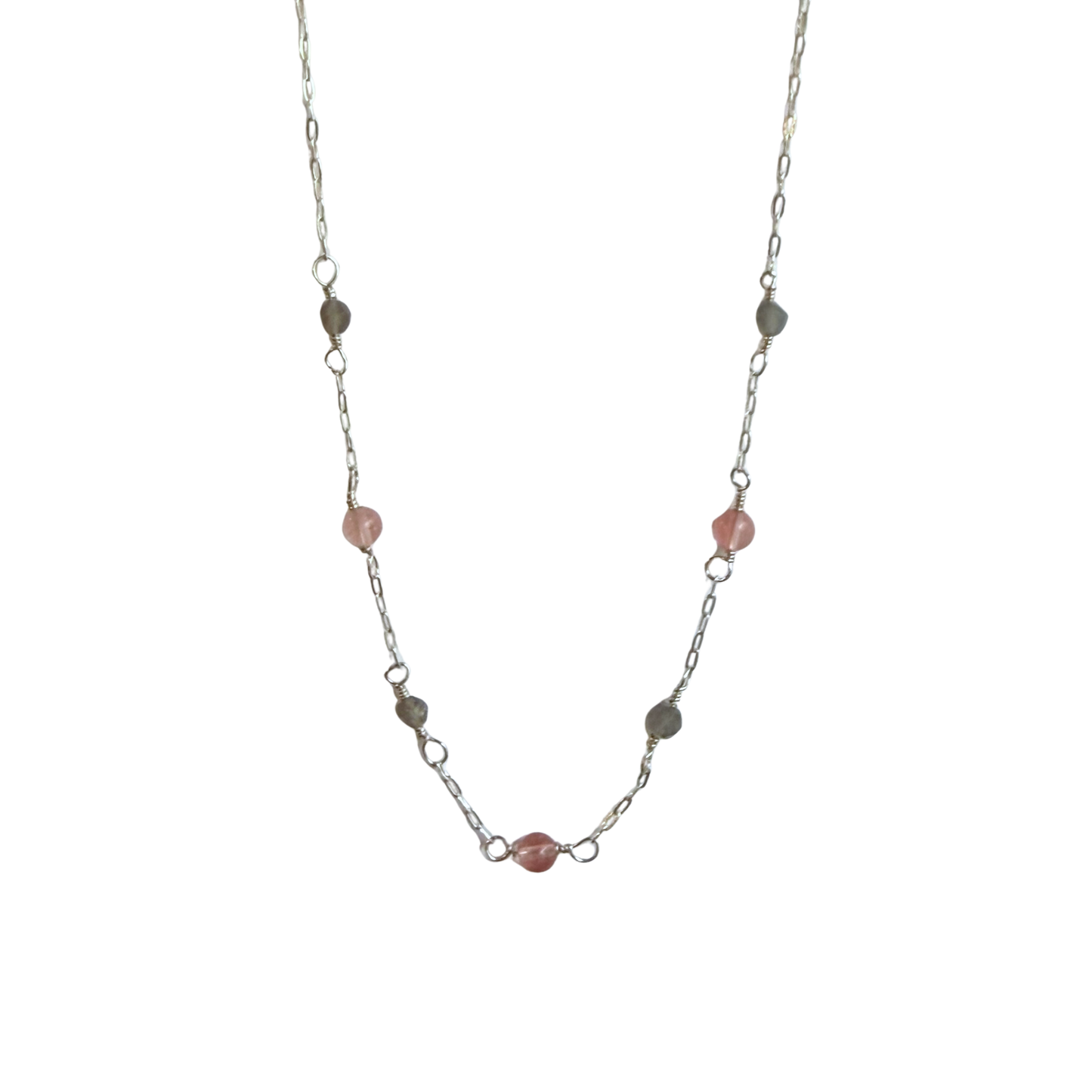 7 Stone Chain Necklace, Rose Qrtz + Grey Moonstone, Silver