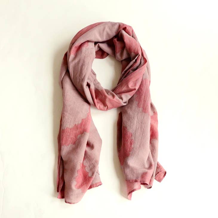 Pink large cotton silk block print scarf/wrap - Wavy
