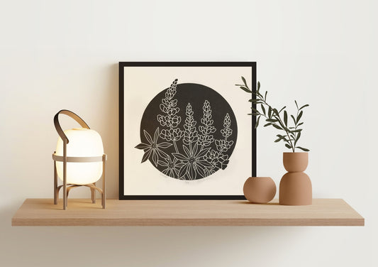 Lupines Block Print, 10x10 Black Framed