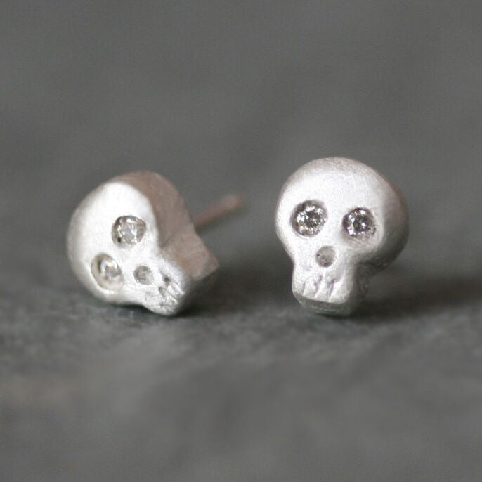 Baby Skull Earrings in Silver w/ Diamonds