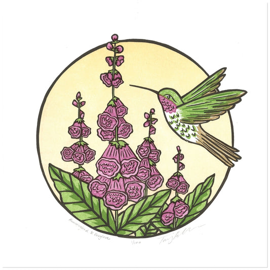 Hummingbird & Foxglove Block Print