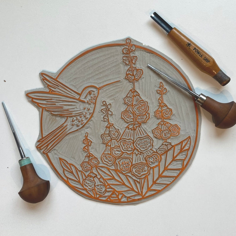 Hummingbird & Foxglove Block Print