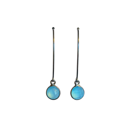 Blue Chalcedony Earrings, Sm Round Marquis, Ox Silver