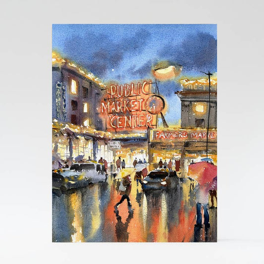Pike Place Nightfall, Woodblock, 11x14