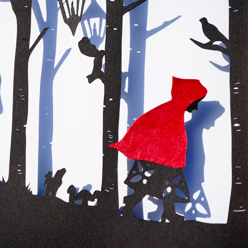 Framed Hand Cut Paper Art - Red & Wolf  5 x 7