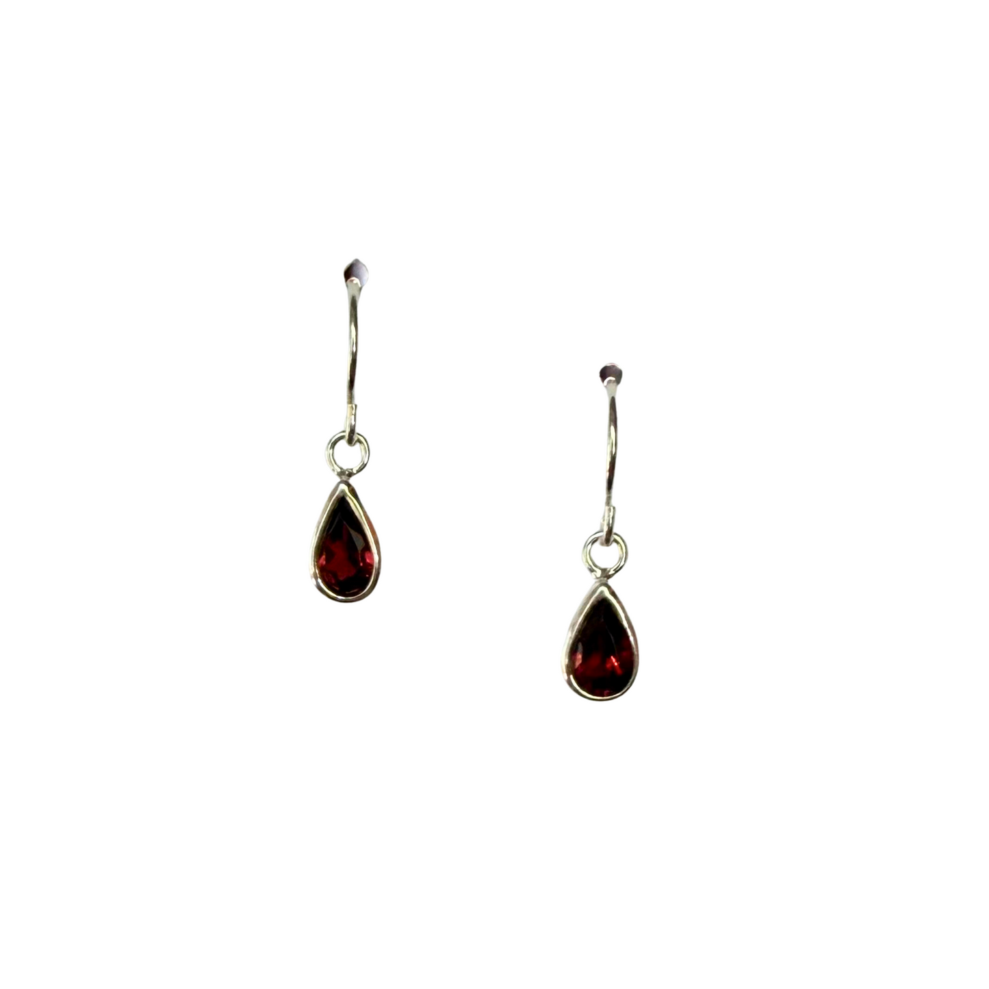 Dainty Garnet Earrings, Drop, Silver