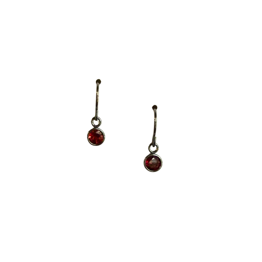 Dainty Garnet Earrings, Round, Dark Silver