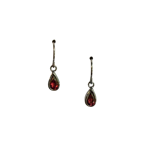 Dainty Garnet Earrings, Drop, Dark Silver