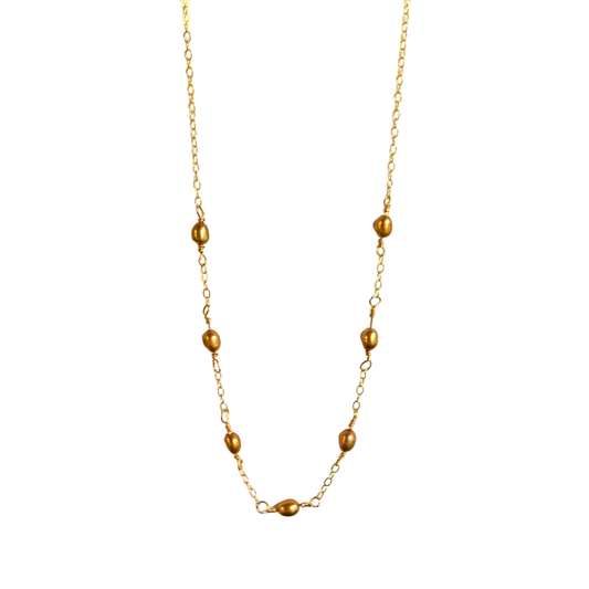 7 Stone Chain Necklace, Cocoa Pearls, Gold