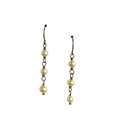 Triple Pearl Dangle Earrings, Dark Silver