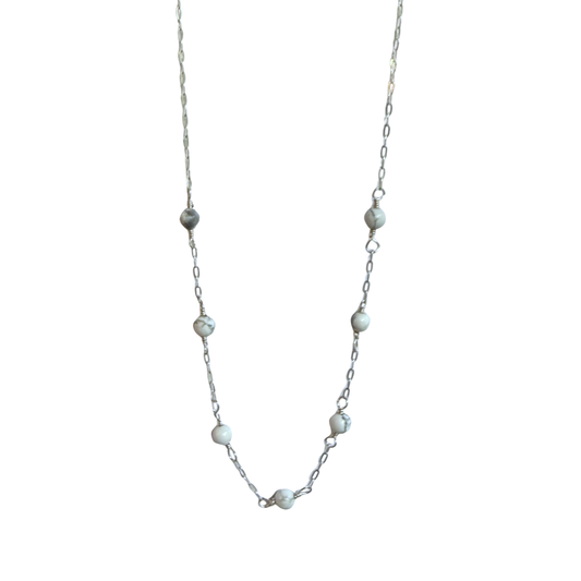7 Stone Chain Necklace, Marble Bead, Silver