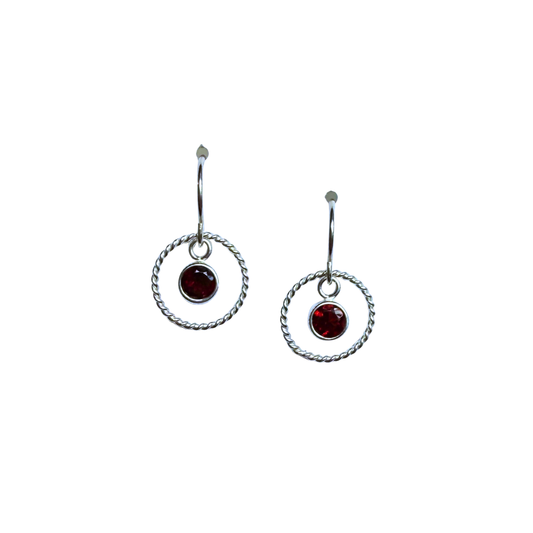 Dainty Halo Earrings, Round Garnet, Silver