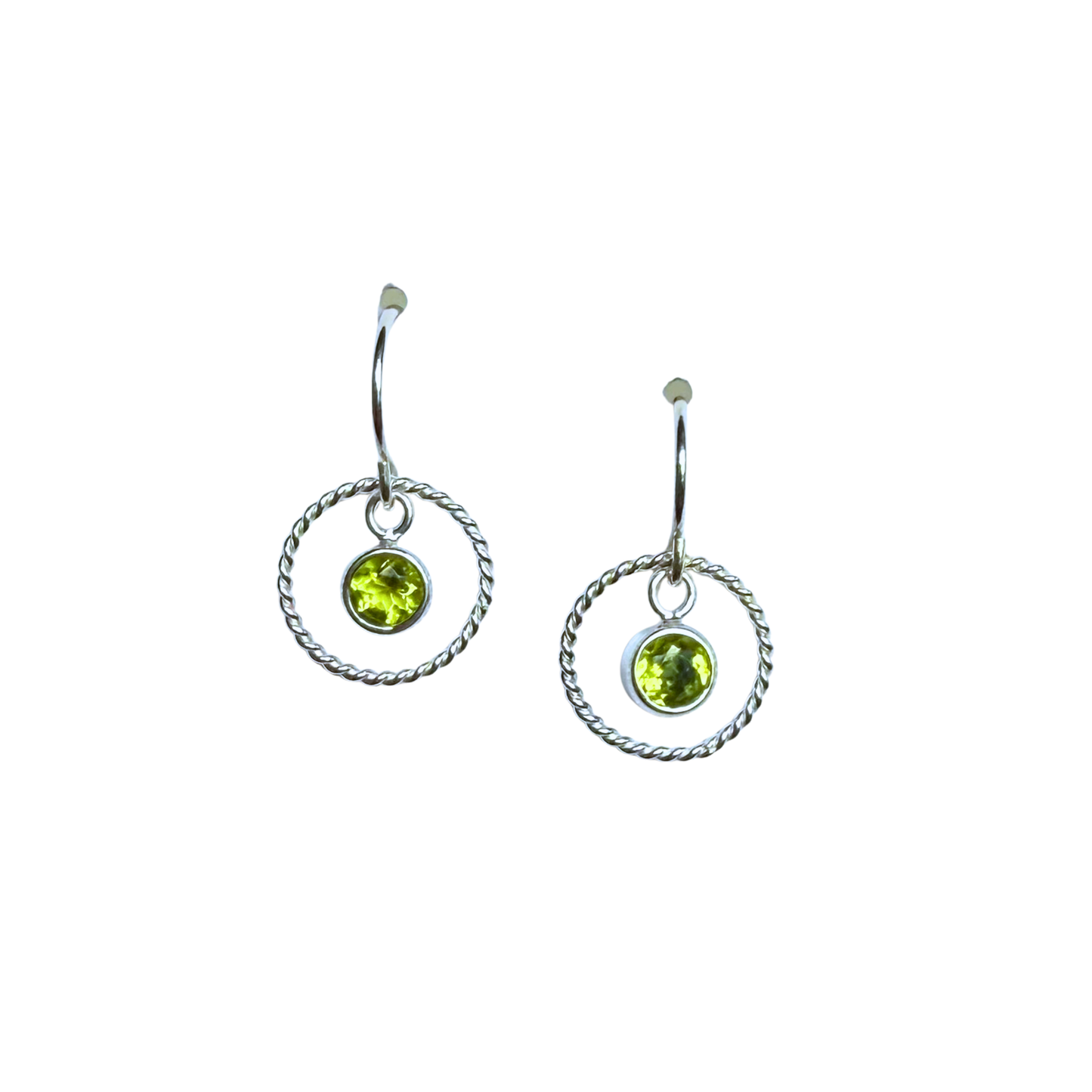 Dainty Halo Earrings, Round Peridot, Silver