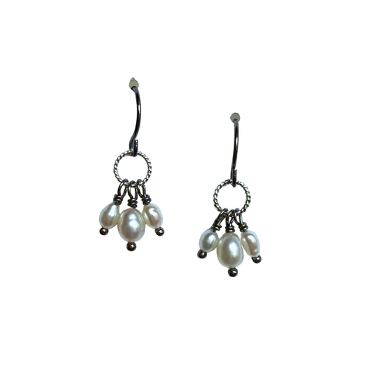 Triple Pearl Tassel Earrings, Dark and Light Silver