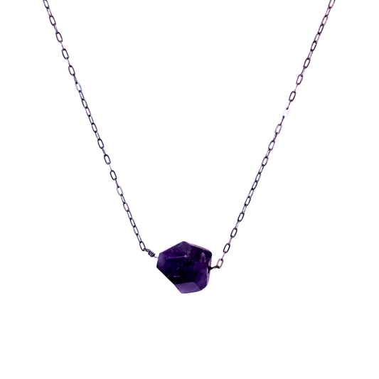 Single Stone Drop Necklace, Amethyst, Ox Silver