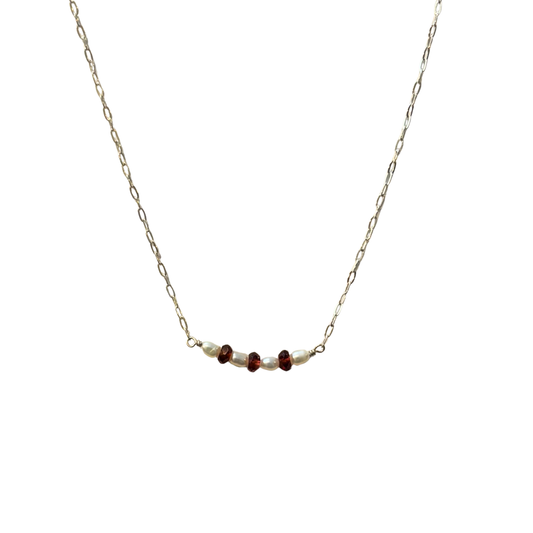 7 Stone Cluster Necklace, Garnet + Pearl, Silver, 16''