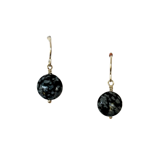 Single Stone Drop Earrings, Snowflake Obsidian, Silver