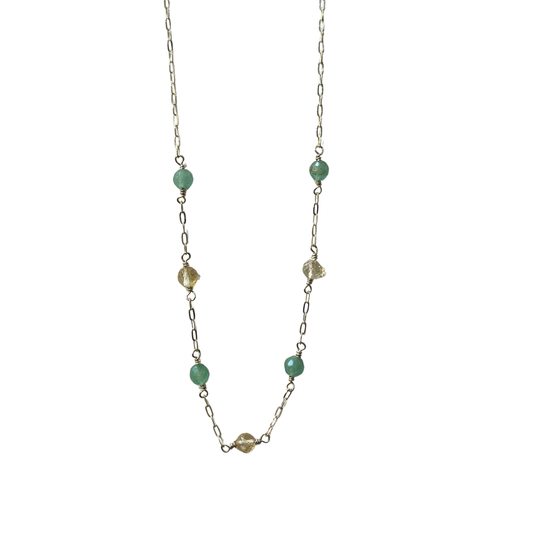 7 Stone Chain Necklace, Green Quartz + Carnelian, Silver