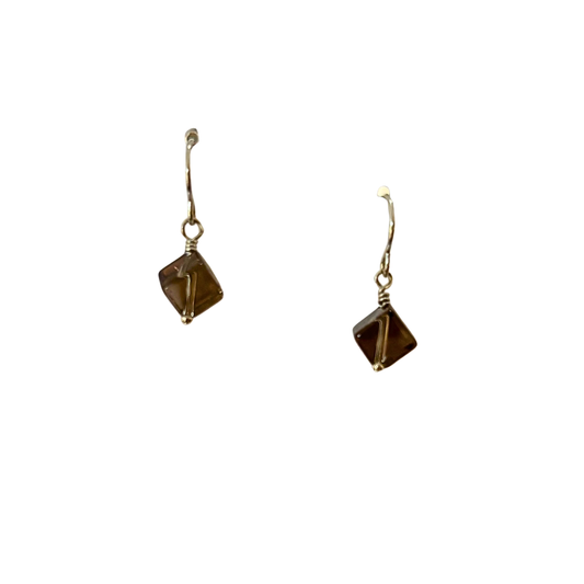 Single Stone Drop Earrings, Smoky Quartz Cube, Silver