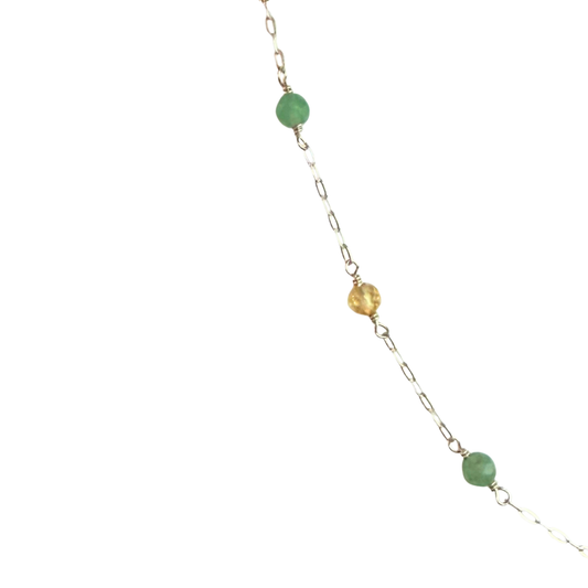 7 Stone Chain Bracelet, Green Quartz + Carnelian, Silver