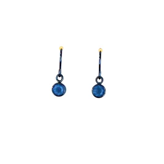 Dainty Blue Chalcedony Earrings, Round, Dark Silver