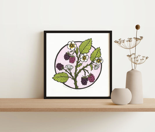 Blackberry Vine Block Print, 10x10 Black Framed