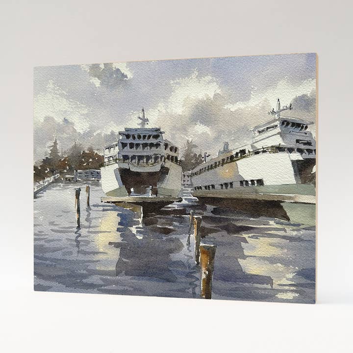 Docked Ferries, Woodblock, 11x14