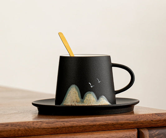 Handmade Mountain + Bird Stoneware Coffee Mug