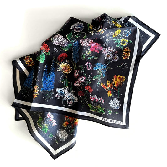 Botanical Black Floral Silk Bandana Scarf