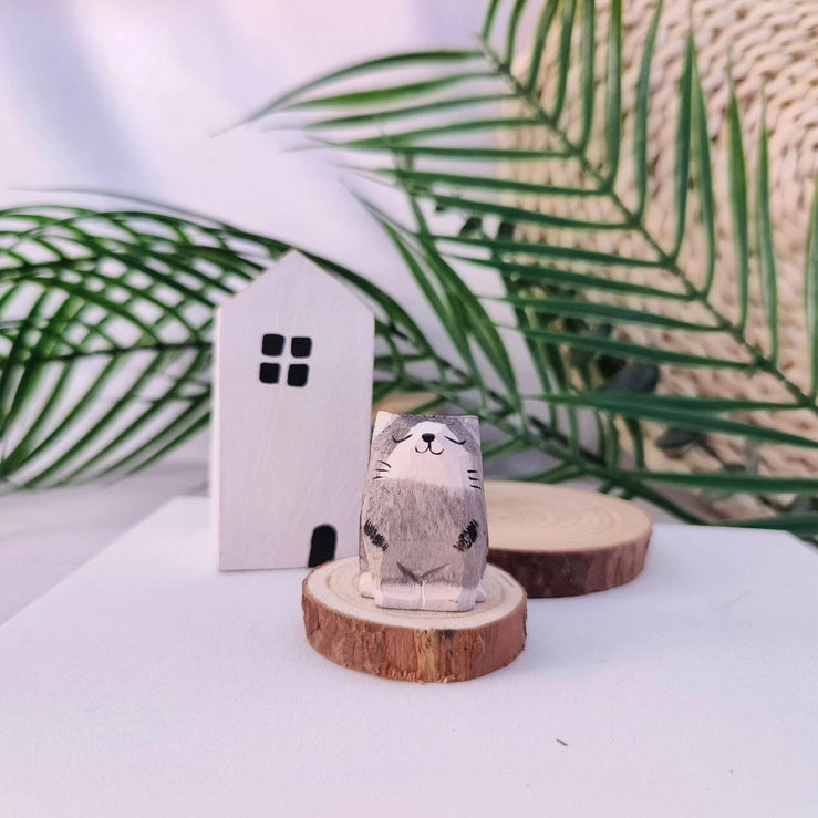 Handcarved Wooden Cat, Grey, Sitting