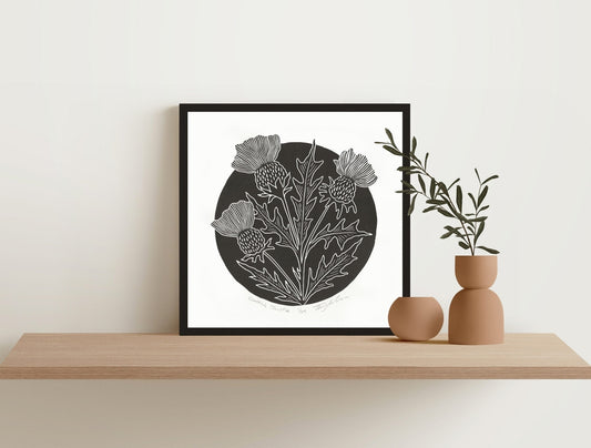 Scottish Thistle Block Print, 10x10 Black Framed