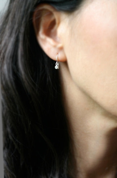 Tiny Button Drop Earrings in Silver w/ Sapphire