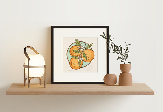 Tangerine Blossoms Block Print, Black Framed