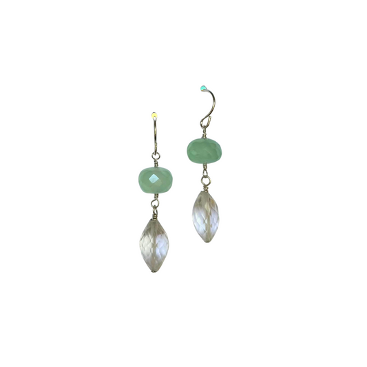 2 Stone Drop Earrings, Chalcedony + Crystal Qrtz, Silver