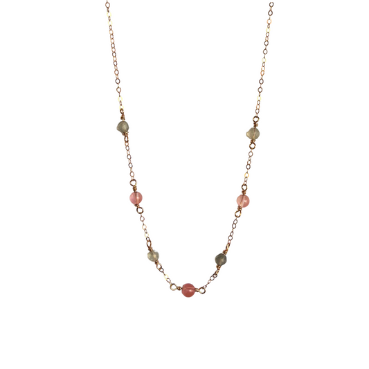 7 Stone Chain Necklace, Rose Qrtz + Grey Moonstone, Rose Gold