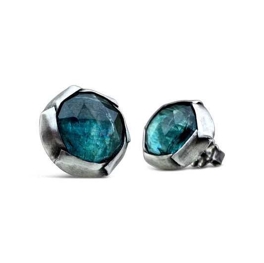 Sterling Fold Studs - Green Kyanite