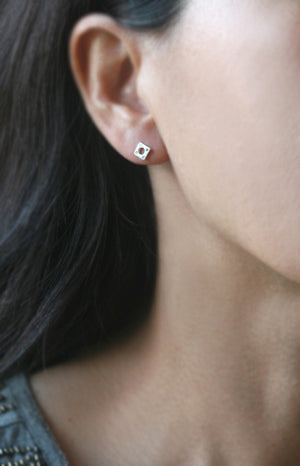 Square Stud Earrings in Silver w/ Diamonds