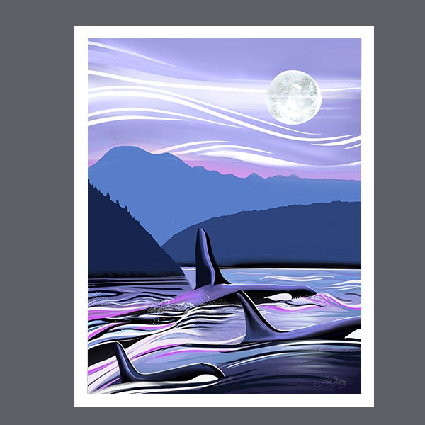 Orcas Under the Moonlight Art Print 11x14