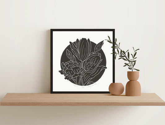 Tulips Block Print, Black Framed