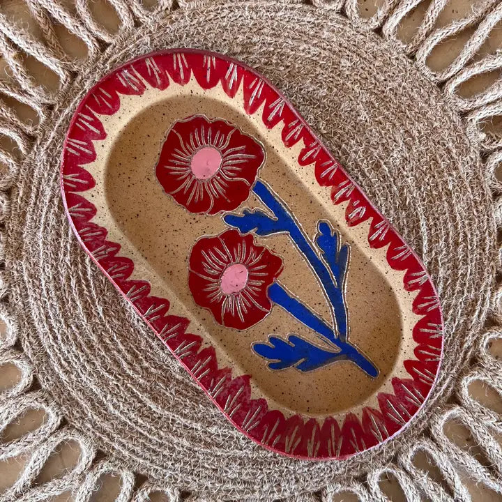Red & Blue Blossom Sgraffito Trinket Dish